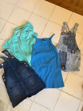 Blue Ribbed Tank Dress with Mint Hoodie & Denim Overalls Bundle 4T